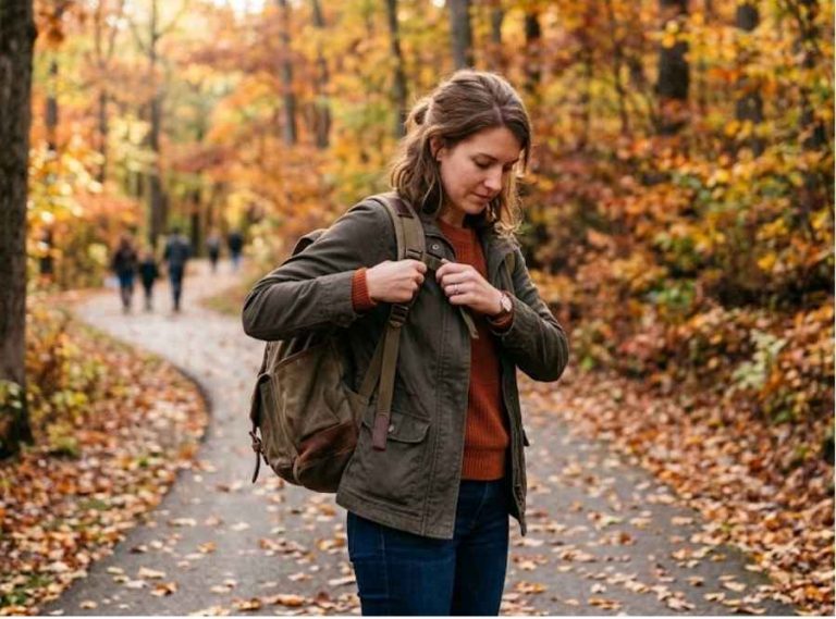 Person adjusting a backpack strap while walking on a tree-lined trail in autumn.