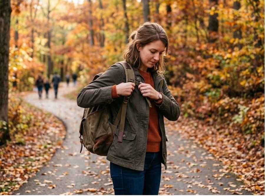 Person adjusting a backpack strap while walking on a tree-lined trail in autumn.