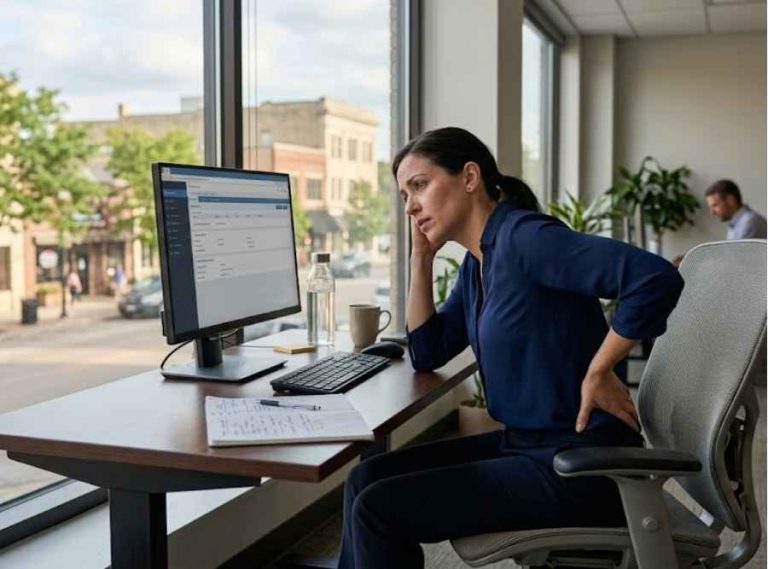 A woman with back pain and bad posture working at a desk in a sunny office.