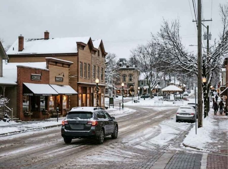 Car driving down a snow-dusted small-town street in Wisconsin during winter.