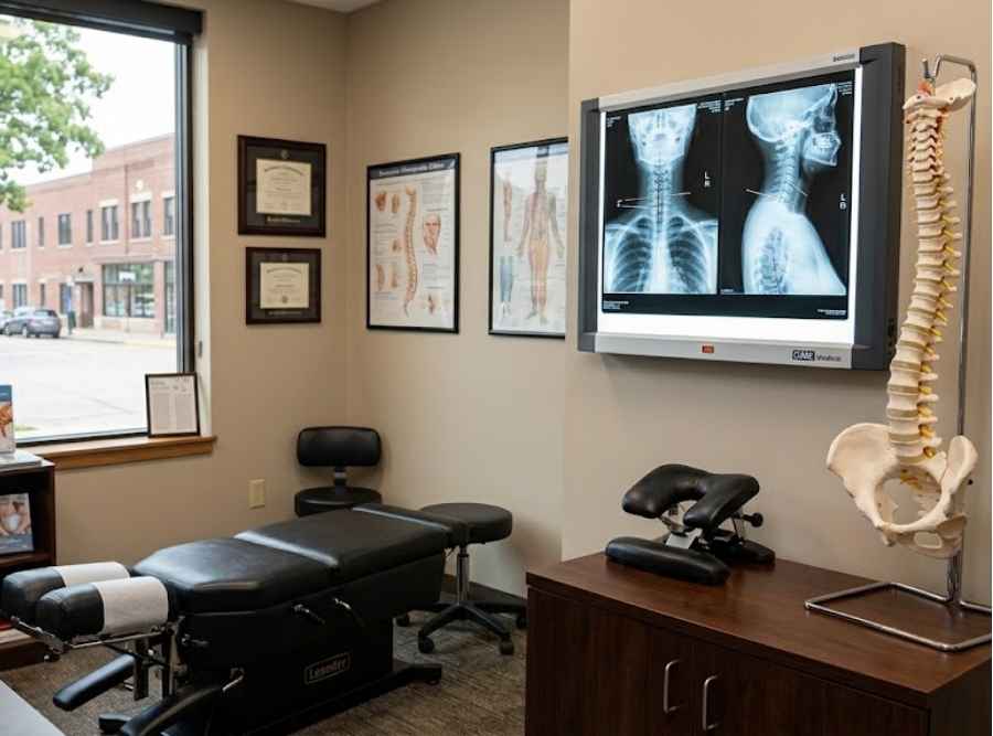 Chiropractic clinic office with an adjustment table, spinal x-rays, and an anatomical spine model.