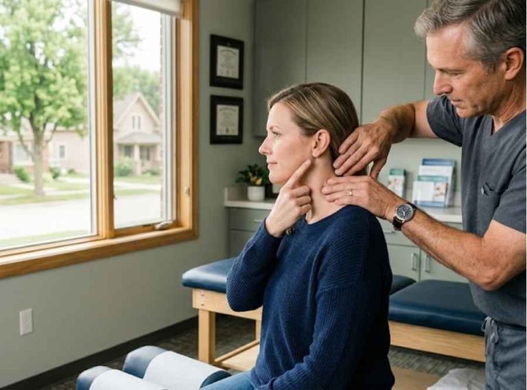 Chiropractor evaluating a patient’s upper cervical neck and jaw for TMJ in an Appleton, Wisconsin clinic.