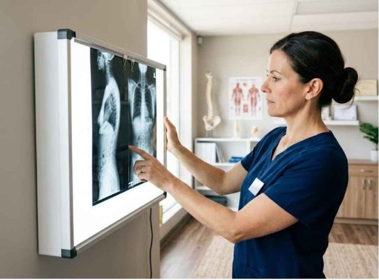 Chiropractor reviewing a spinal X-ray on a wall-mounted light box in a modern office.